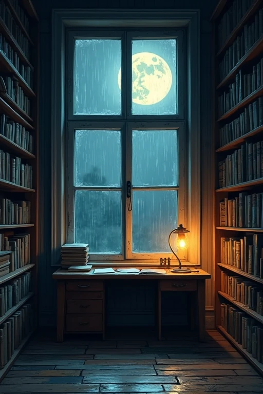 A room without electricity,Lots of books,There is a desk by the window,Outside the window, it's night and it's raining,2D illustration