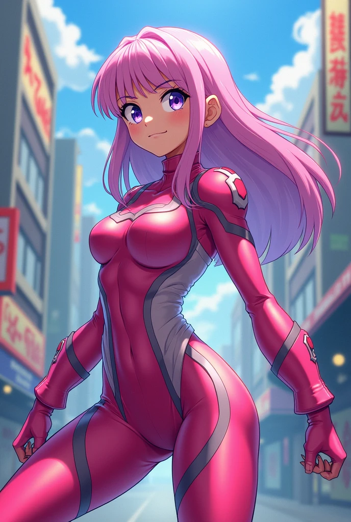 Create a female My Hero Academia character with long hair and short bangs. Short pink and light purple outfit.