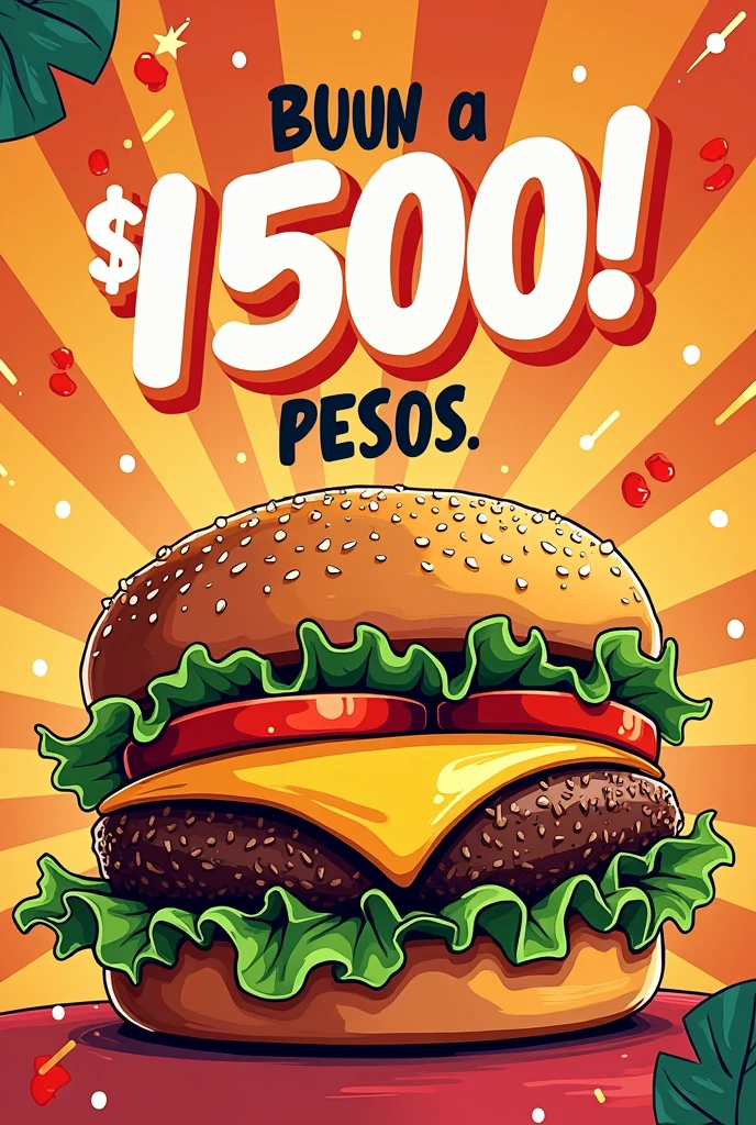 Would you create a poster for me, like a block poster, of a hamburger sale for a thousand pesos?. drawing style.