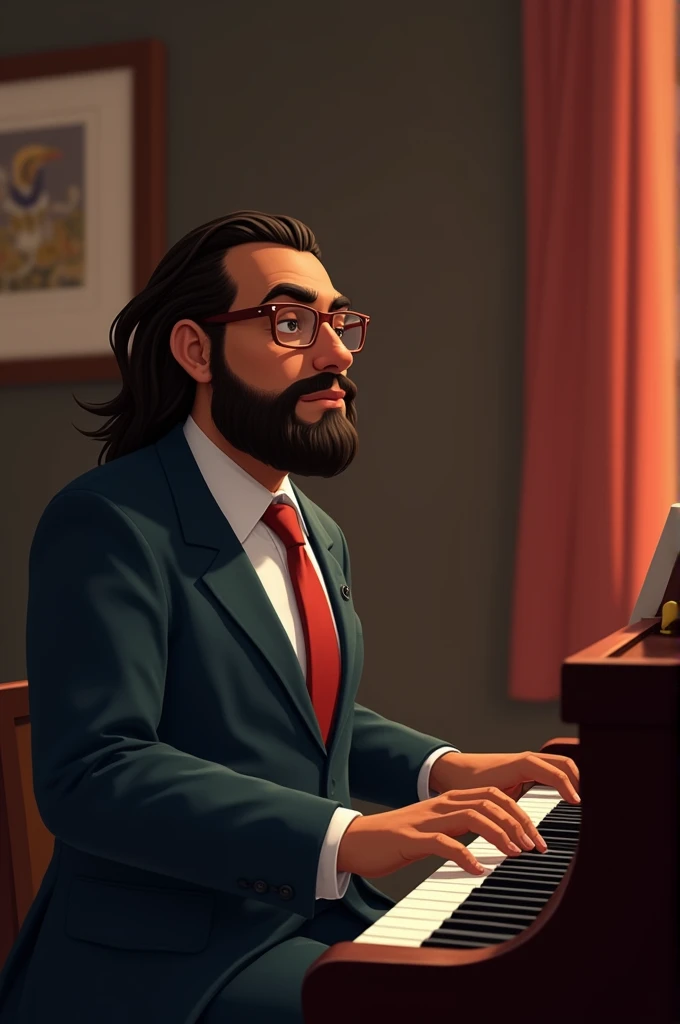 Dark-skinned man, a bit overweight, suit, with beard and glasses and a bit long hair, playing piano animated version