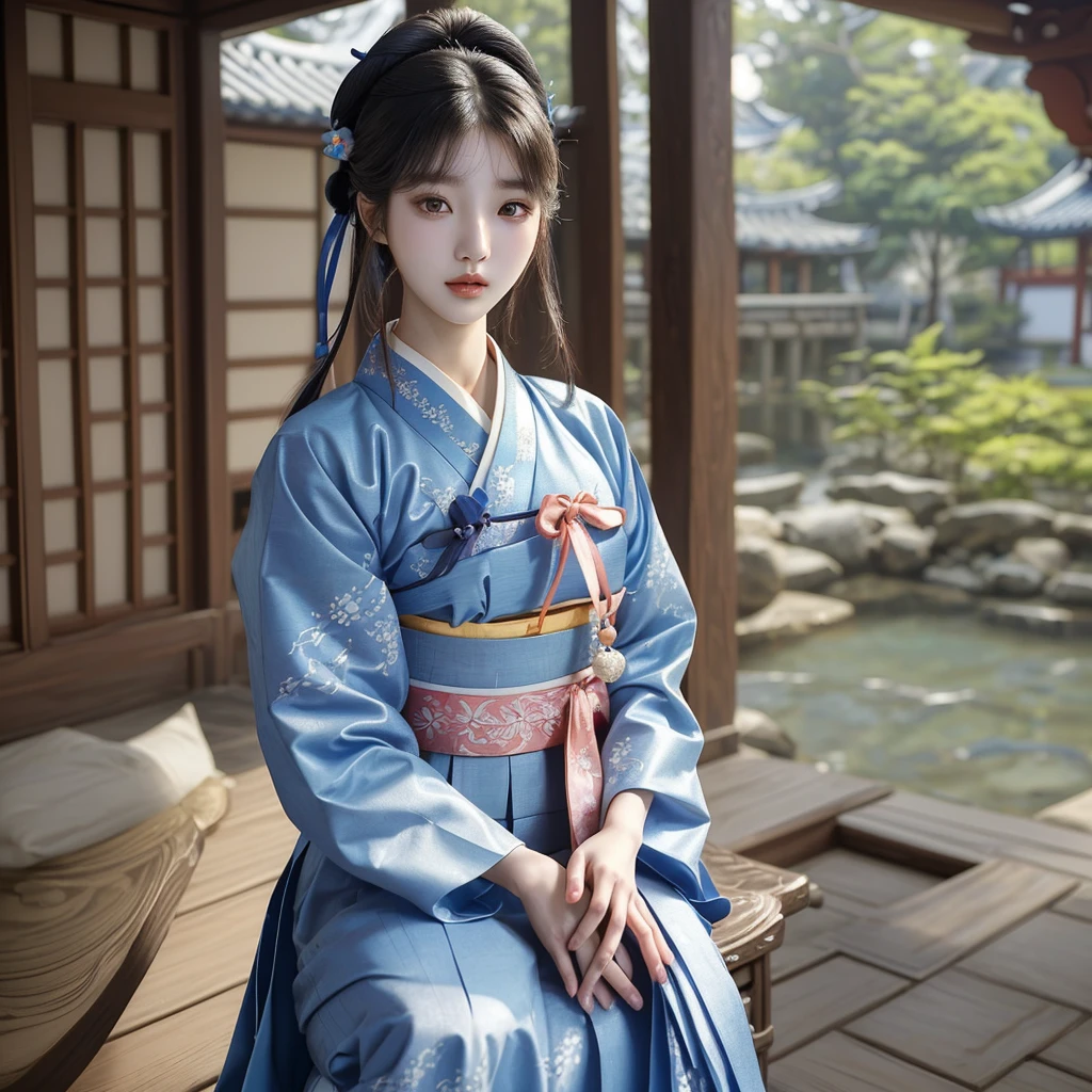Arafed Asian woman in a blue and white dress posing for a photo, Hanboks, Korean Hanbok, bae suzy, korean girl, korean woman, traditional clothes, delantal Hanboks, beautiful south korean woman, Kim Doyoung, Hanfu, gorgeous young korean woman, beautiful young korean woman, traditional dress, traditional clothing, japanese clothes, traditional, Jaeyeon Nam