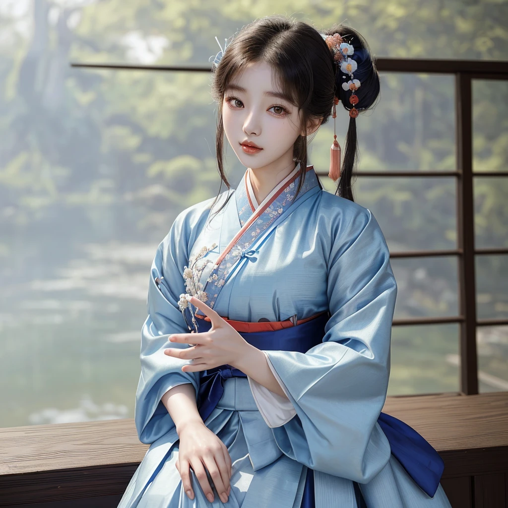 Arafed Asian woman in a blue and white dress posing for a photo, Hanboks, Korean Hanbok, bae suzy, korean girl, korean woman, traditional clothes, delantal Hanboks, beautiful south korean woman, Kim Doyoung, Hanfu, gorgeous young korean woman, beautiful young korean woman, traditional dress, traditional clothing, japanese clothes, traditional, Jaeyeon Nam