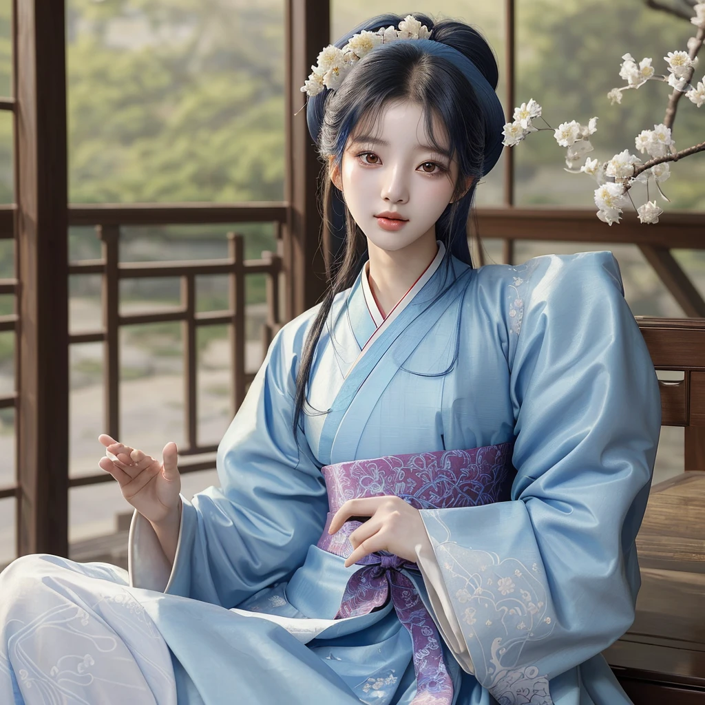 Arafed Asian woman in a blue and white dress posing for a photo, Hanboks, Korean Hanbok, bae suzy, korean girl, korean woman, traditional clothes, delantal Hanboks, beautiful south korean woman, Kim Doyoung, Hanfu, gorgeous young korean woman, beautiful young korean woman, traditional dress, traditional clothing, japanese clothes, traditional, Jaeyeon Nam
