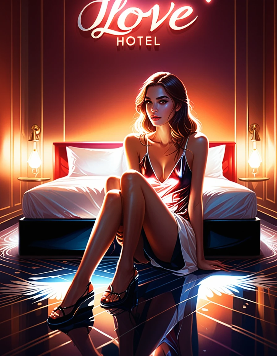 evaluation_Safety, Love Hotel, Reflective ground, Shining Bed, Sitting, One girl, American,close,  In the style of Charlie Bowater,from the front, View your viewers