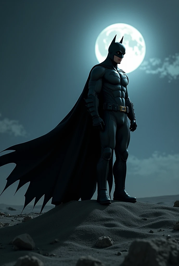Batman standing on a sand hill with a black leather shawl at midnigjt with batmans car