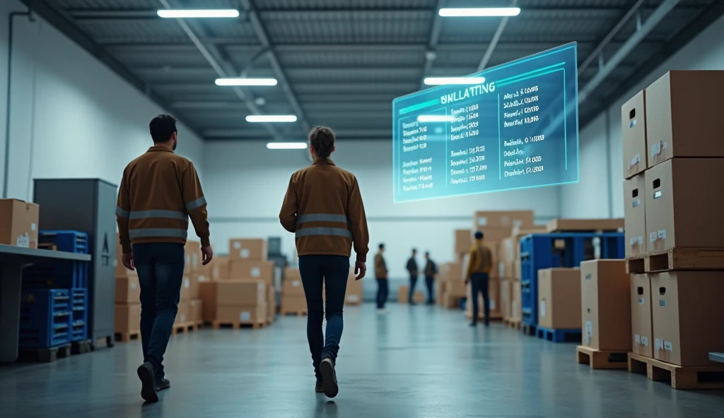 A professional and realistic image that reflects a clear fulfillment schedule that promotes work-life balance. The scene depicts a clean and organized warehouse where employees are performing their tasks. In a prominent place is a digital display or wall chart with a schedule of shifts, breaks and the end of the working day. Employees are seen confidently finishing the work day and heading home, emphasizing the company's respect for employees' personal time. The atmosphere is relaxed and productive, with an emphasis on scheduling and supporting work-life balance