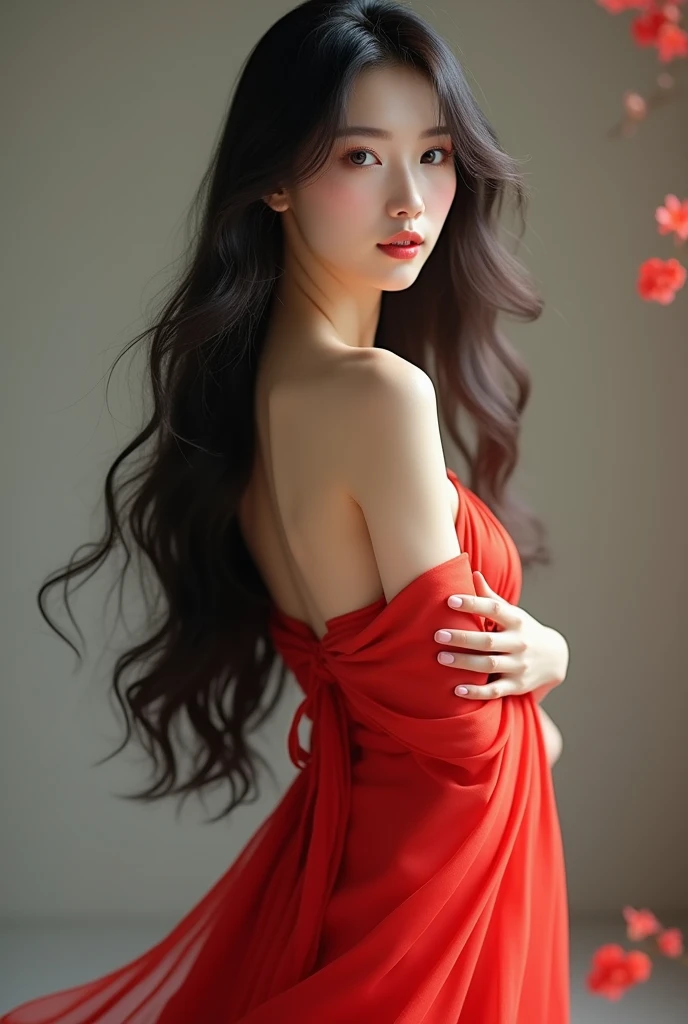 A beautiful woman of asian descent wearing a pretty red dress