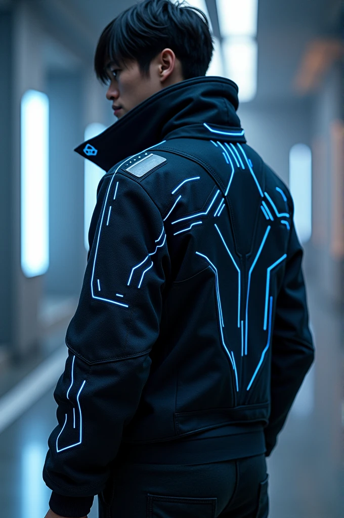 Create a detailed image of a futuristic, stylish jacket inspired by gaming aesthetics. The jacket should have a sleek, modern design with a prominent long collar that extends downward, emphasizing a high-tech look. Use a color palette of dark black as the base, complemented by vibrant blue accents along the seams and patterns, and subtle hints of white to highlight certain areas. The jacket should feature intricate, geometric patterns that convey a sense of agility and sophistication, suitable for a character in a virtual, high-tech environment. The design should exclude any cape elements and inner t-shirt, focusing solely on the jacket's futuristic appearance