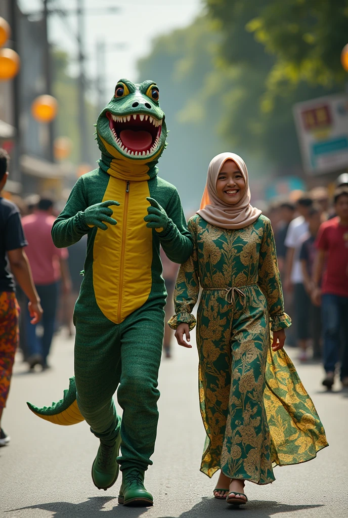 realistic photography. young man Indonesian face. wearing a cute crocodile costume. facial expression laughing out loud. next to him walking with a hijab woman wearing a dress filled with leaves and snakes...street atmosphere. asphalt like there is a carnival. lots of spectators left and right. Ultra-realistic 8K photograph, shot with a Leica Q2, strong color contrast and sharp clarity --quality 2 --