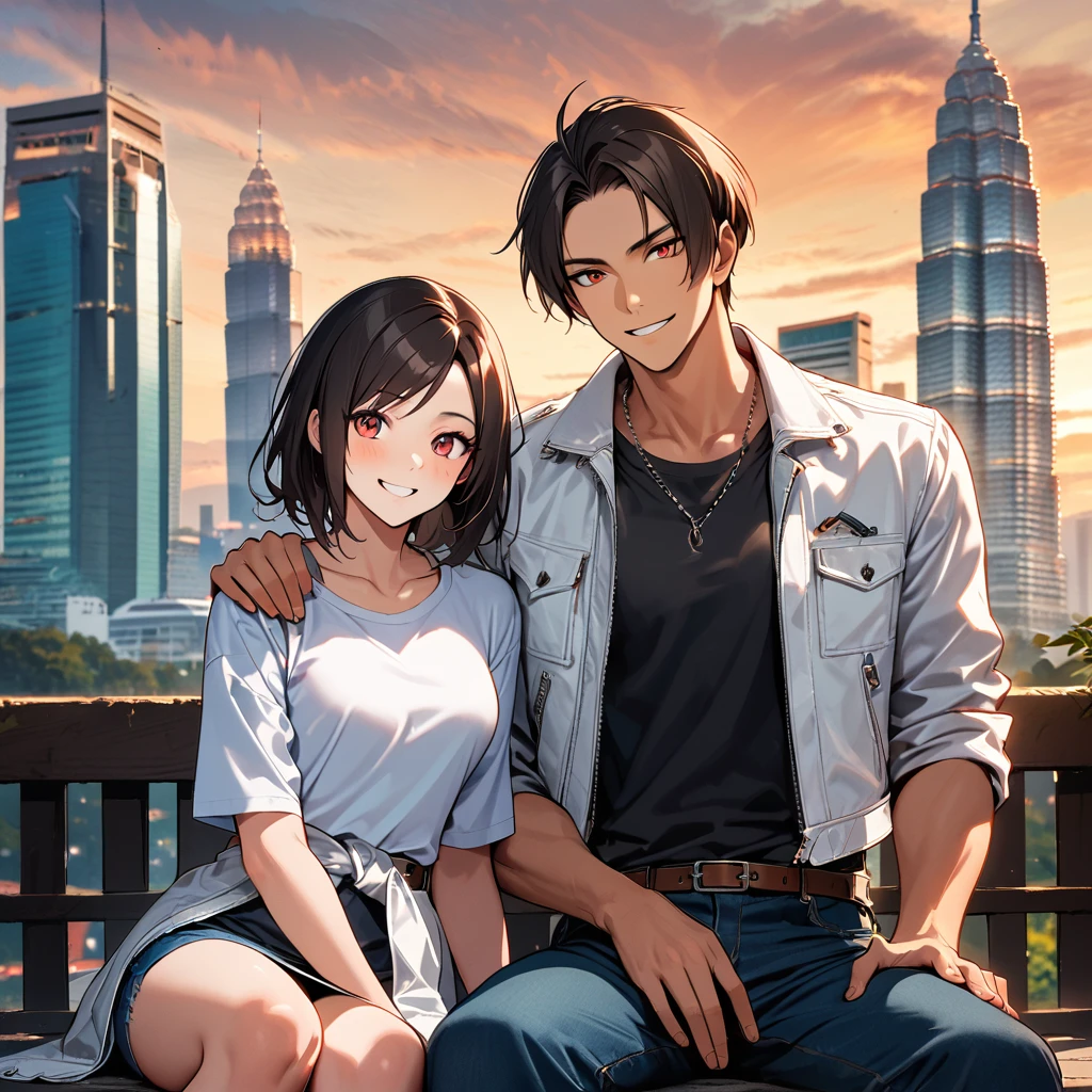 Orochiquillo, Dark Skin, Couple, Two People, Man and Woman, Red Eyes, ((White Leather Jacket)), Fingerless Gloves, Dark Hair, Black T-Shirt, ((Wallet Chain Around Waist)), Blue Jeans, White Shoes, Brown Belt, Handsome, Shot, Charming, Masterpiece, High Resolution, Fine Face, Fine Grain, Sunset, Cloudy Sky, Confident Full smile, With lover, Petronas Twin Towers, Malaysia, Dining on terrace, Same hairstyle and clothes for men and women, Hand on shoulder, Toothy smile, Sitting cross-legged