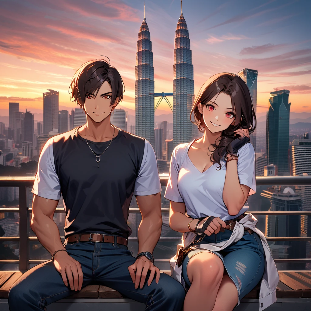 Orochiquillo, Dark Skin, Couple, Two People, Man and Woman, Red Eyes, ((White Leather Jacket)), Fingerless Gloves, Dark Hair, Black T-Shirt, ((Wallet Chain Around Waist)), Blue Jeans, White Shoes, Brown Belt, Handsome, Shot, Charming, Masterpiece, High Resolution, Fine Face, Fine Grain, Sunset, Cloudy Sky, Confident Full smile, With lover, Petronas Twin Towers, Malaysia, Dining on terrace, Same hairstyle and clothes for men and women, Hand on shoulder, Toothy smile, Sitting cross-legged