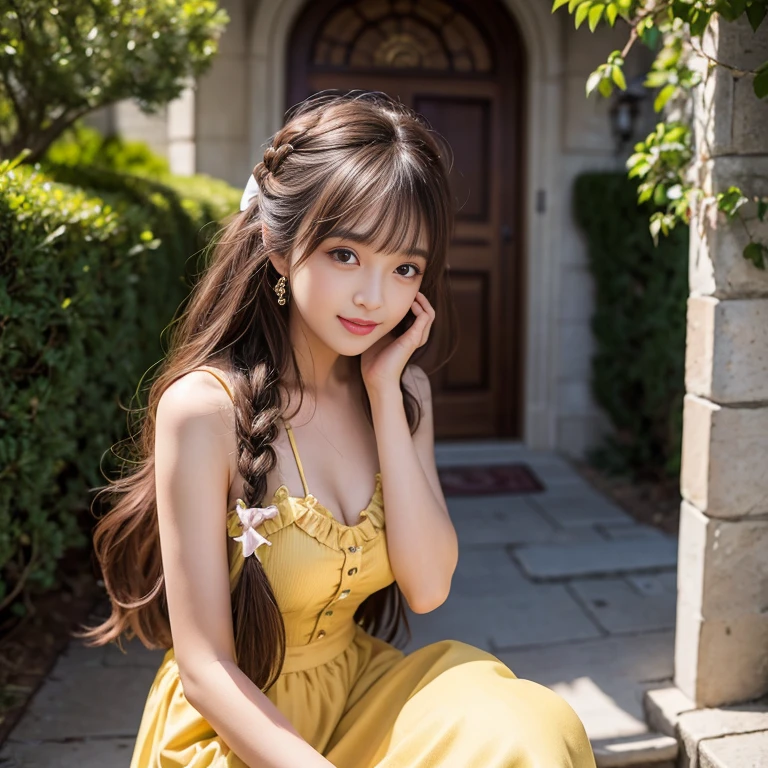 laughing out loud，1 female, 2，（Yellow princess dress in beauty and the beast），Outside the castle，Large skirt，Big hem，light brown hair, blunt bangs, hair behind ears, Shoulder length hair, long hair, Braided hair repair，long body shape, 超face slimming型, face slimming, delicate lips, beautiful eyes, Thin blush, Eyes are light brown,Check it out here, (actual:1.3), One person's perspective, 8k, Super detailed, high quality, best quality, High resolution，knee shot，My breasts look big in my clothes，兩邊Spaghetti straps with bows，Bow shoulder strap，Spaghetti straps with bows