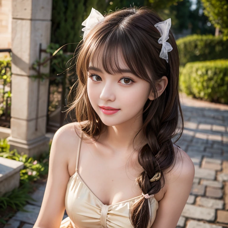 laughing out loud,1 female, 2,(Yellow princess dress in beauty and the beast),Outside the castle,Large skirt,Big hem,light brown hair, blunt bangs, hair behind ears, Shoulder length hair, long hair, Braided hair repair,long body shape, 超face slimming型, face slimming, delicate lips, beautiful eyes, Thin blush, Eyes are light brown,Check it out here, (actual:1.3), One person's perspective, 8k, Super detailed, high quality, best quality, High resolution,knee shot,My breasts look big in my clothes,兩邊Spaghetti straps with bows,Bow shoulder strap,Spaghetti straps with bows