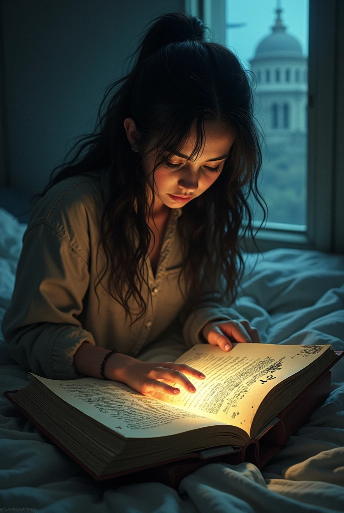 (Maya sits on her bed, flipping through the pages of the old book. The pages contain faded sketches and cryptic notes. Suddenly, a loose page falls out. On it is a map with an ‘X’ marked near an old, abandoned building on the outskirts of the campus.)using this seed 1921569215 (Maya) who is main character. in the university dome at night