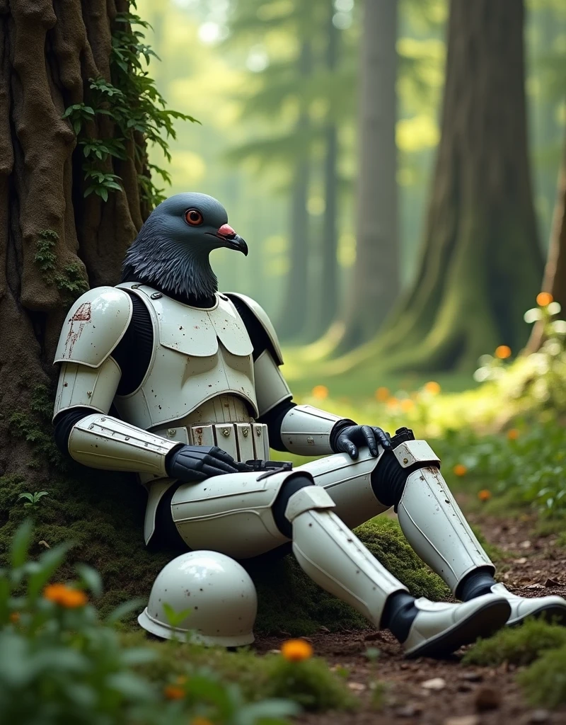 ((Grey pigeon female)), Dirty Star Wars「Stormtrooper」アーマーを着たGrey pigeon femaleがエンドアの森で木に寄りかかって休んでいる。Stormtrooperのヘルメットが地面に落ちている彼女のそばにあり、E-11 Blaster on the ground。Grey pigeon female、Muscular body、far and near method、Wide Shot、18mm、Depth of written boundary、colorful、Highest quality、4K、Daylight