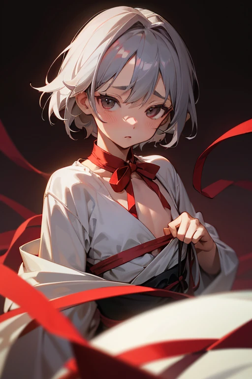 chest, Shortcuts, Gray Hair, 大きなchest, Red face, Simple Background, ribbon, Background blur, anime, High resolution,