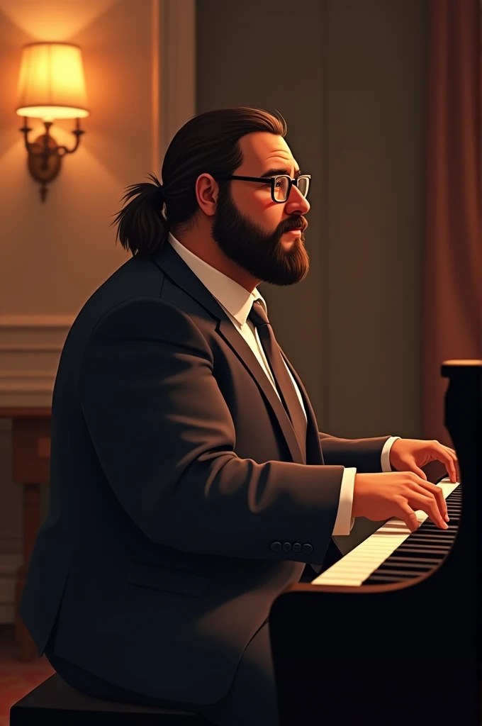 Dark-skinned man, a bit overweight, suit, with beard and glasses and a bit long hair, playing piano animated version