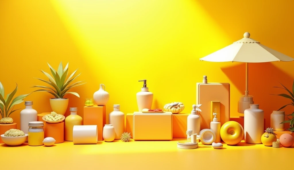 a wallpaper with a yellow gradient background with products on the market
