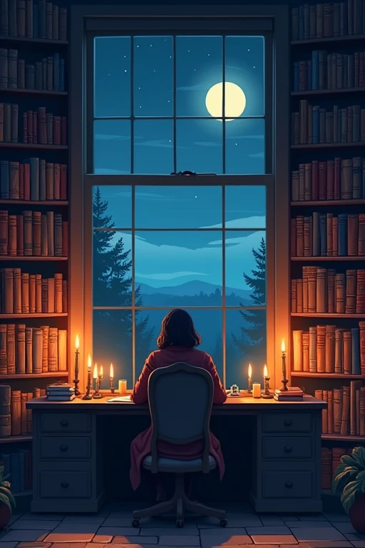 A room without electricity,Lots of books,There is a desk by the window,Outside the window is night,Flat Illustration