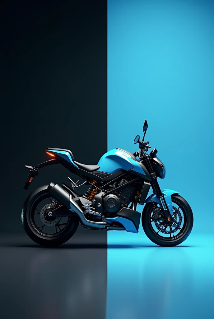 I want a picture of a stylized motorcycle, divided vertically into two equal parts. The motorcycle is facing right. The background is divided into two colors: the left side is black and the right side is light blue. The motorcycle is predominantly black with details that in the original image are orange., but in this version they should be light blue. The tires, Chassis details and other accents should also reflect this color change..