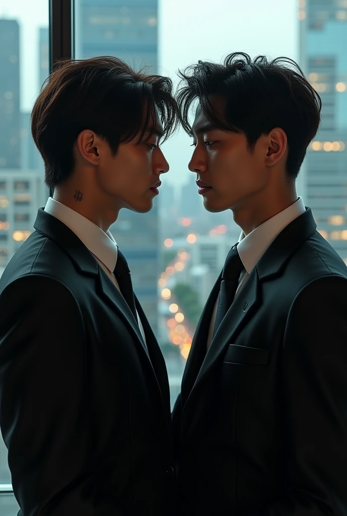 I want an omegaverse themed image of taekook, where Jungkook is an elite Alpha businessman and Taehyung is an elite Omega.
