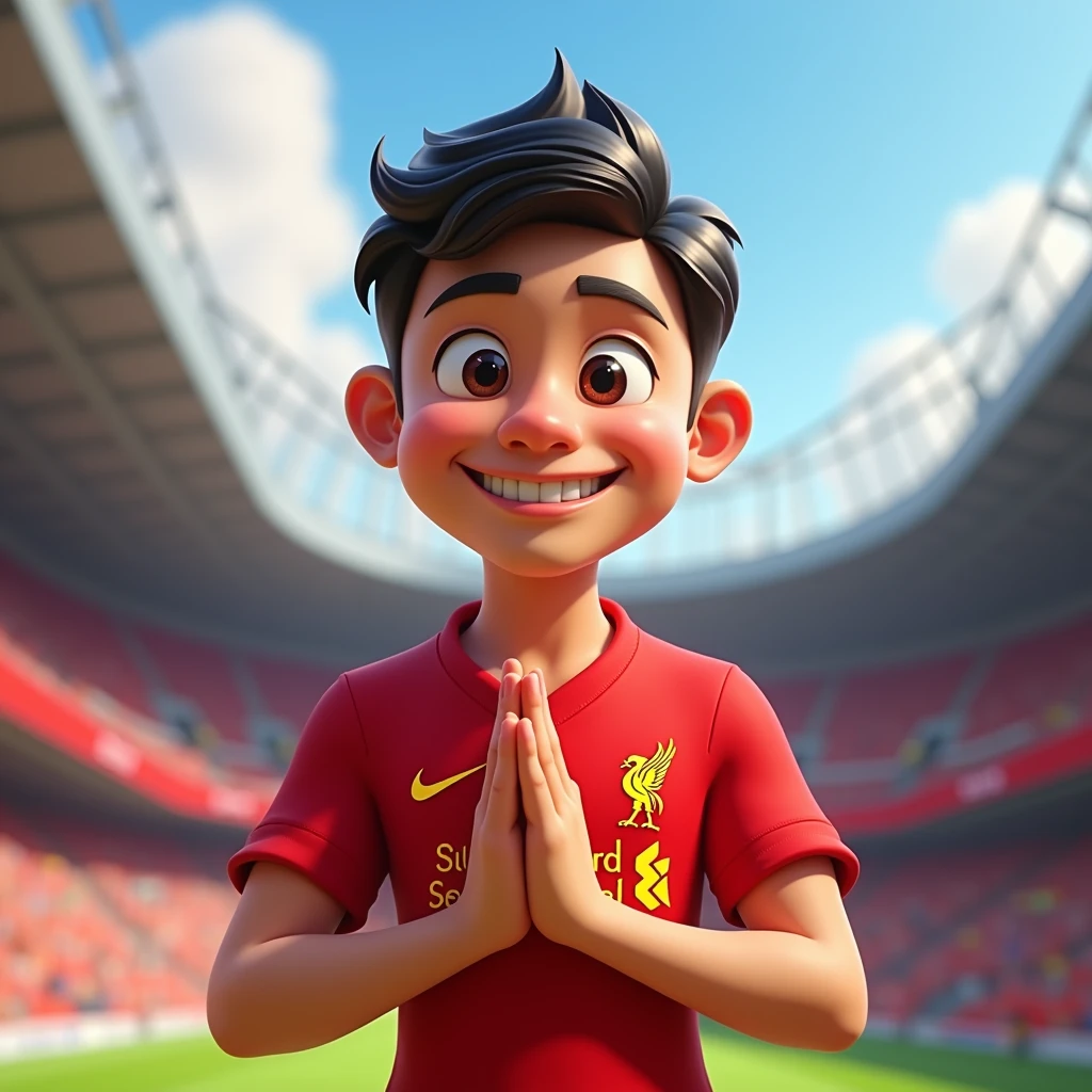 Cute man smiling in Disney cartoon style, bowing in Thai style and wearing Liverpool shirt. Standing in cartoon style. High quality dynamic photo, detailed and colorful. Realistic and colorful pose. Background is Andfield stadium.