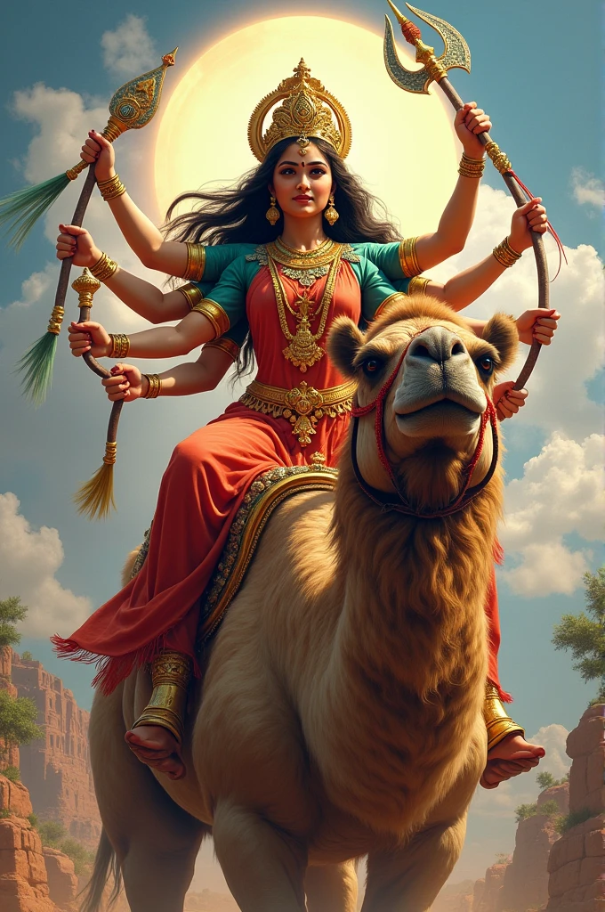 Hindu God maa durga setting camel realistic image and colorful and beautiful background