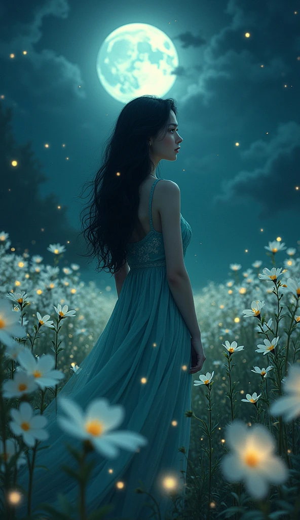 only one girl, long black wavy hair, blue eyes, standing far away while looking behind, wearing a blue green dress with plumeria flowers printed, night time, fireflies, plantation of white plumeria flower, Sparkle, Silhouette,