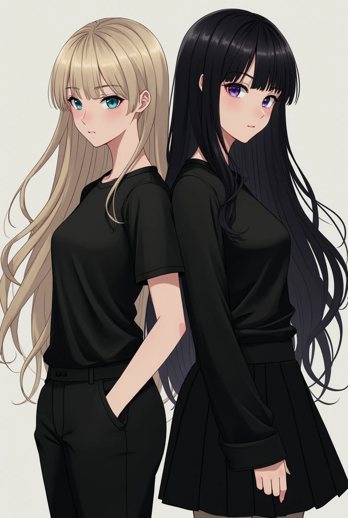 Beautiful 2 girls. One has very long blond hair, is slim and has blue eyes.. Dziewczyna ma czarny top i spodnie. Obok niej stoi szczupła dziewczyna w czarnych bardzo dlugich włosach. Dziewczyna ma czarną spudniczke i top.