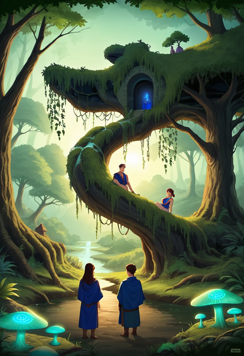 A cinematic medium shot of three teenagers - two girls and a boy - dressed in blue tabards, exploring a swamp at night near an ancient temple. The background is filled with intricate details, including moss-covered stones, twisted trees, and eerie mushrooms. The lighting is cinematic, with rim light backlighting and beautiful faces with piercing eyes.