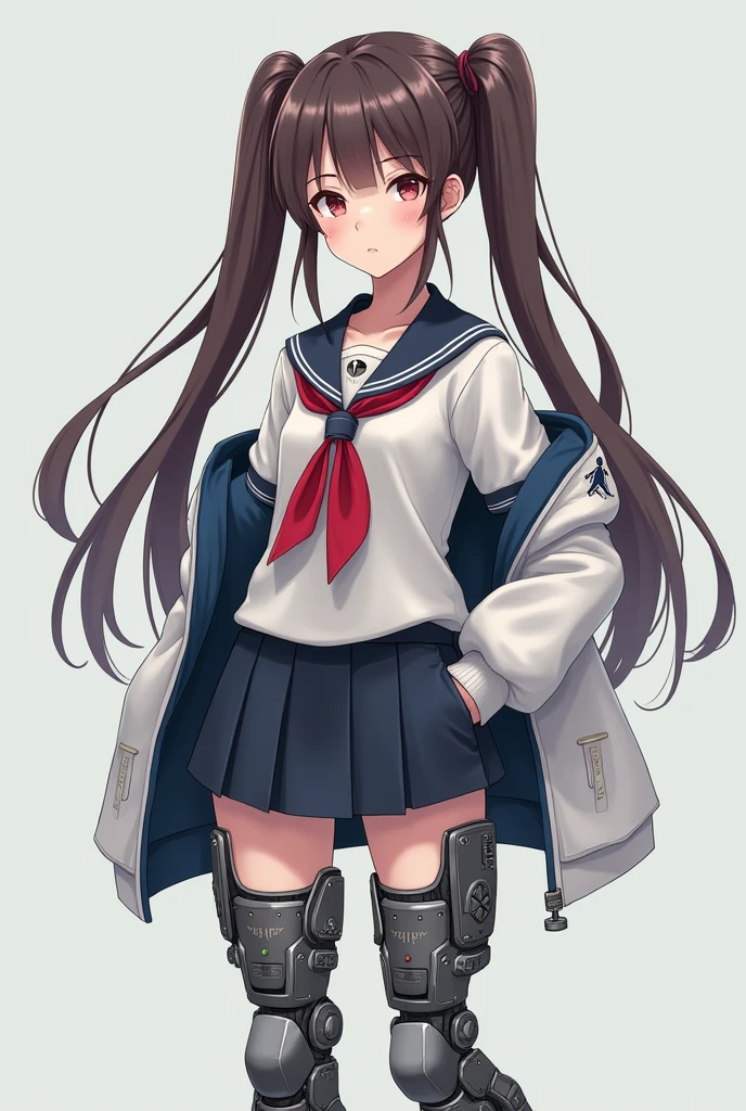 Short petite adult woman with long pigtails and school uniform Sailor uniform with short skirt With robotic prosthetics on robotic arms and legs realistic anime 2D Robotic legs Open jacket