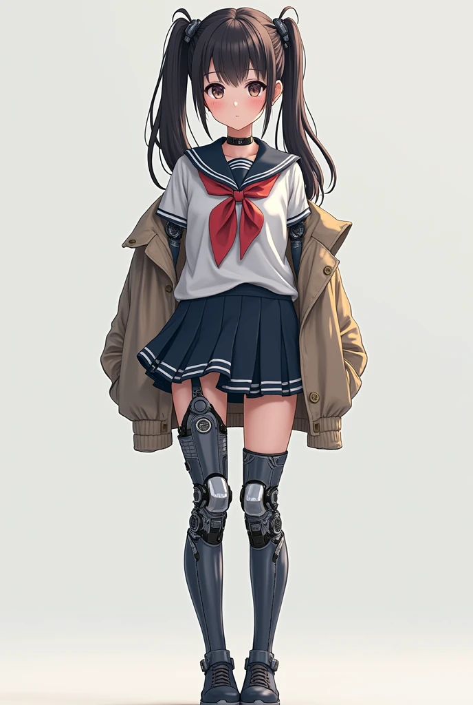 Short ite adult woman with long pigtails and school uniform Sailor uniform with short skirt With robotic prosthetics on robotic arms and legs realistic anime 2D Robotic legs Open jacket 