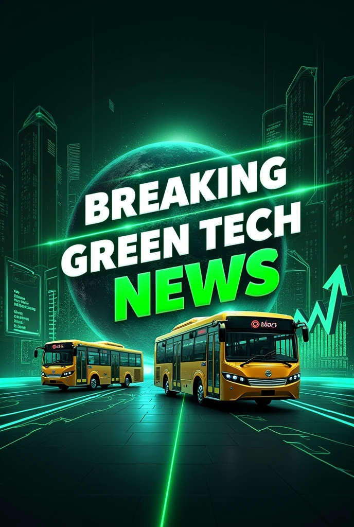 Create a vibrant YouTube thumbnail featuring Olectra Green Tech with a bold, futuristic design. Use a green and electric blue color palette to symbolize innovation and sustainability. Include dynamic elements like electric buses, stock market charts, and a digital globe in the background. Highlight the main text: ‘Olectra Green Tech Breaking News!’ in bold white, and ‘Dividend Date & Big Target Ahead!’ in bright yellow with a touch of red to catch the eye. Add an upward arrow or a bull icon in green to signify growth and opportunity. Use modern fonts and high-contrast elements for a compelling, professional look that promises viewers exciting insights."