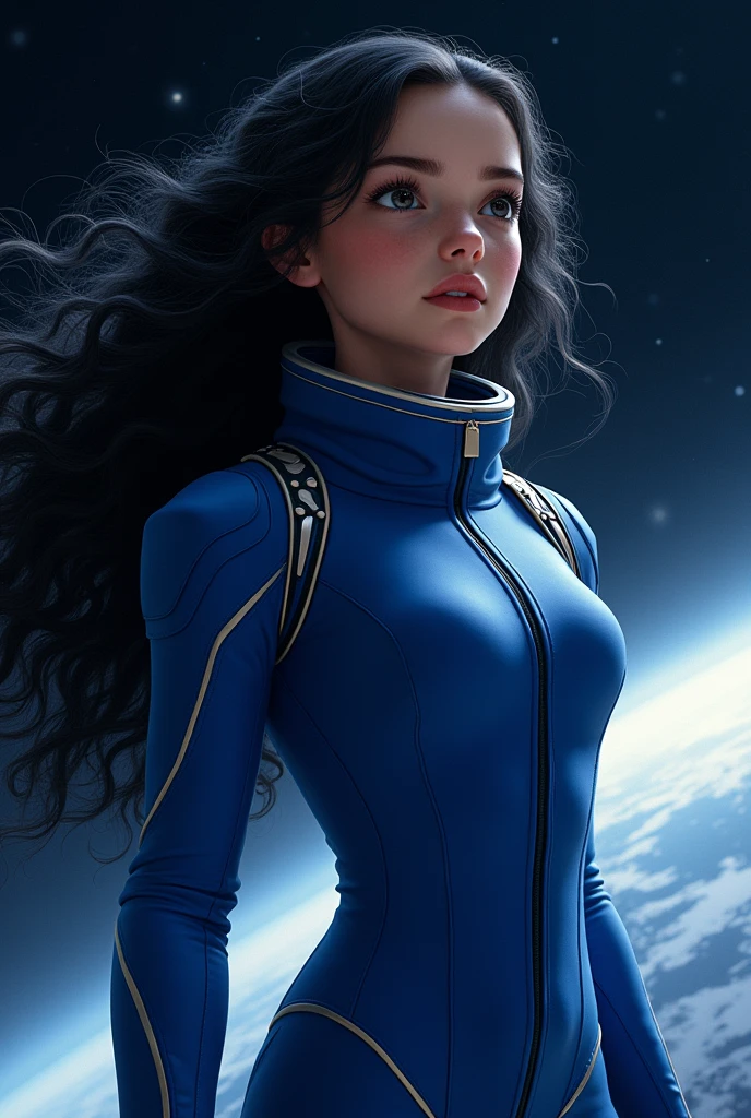 Girl with black wavy/curly hair wearing a royal blue spacesuit