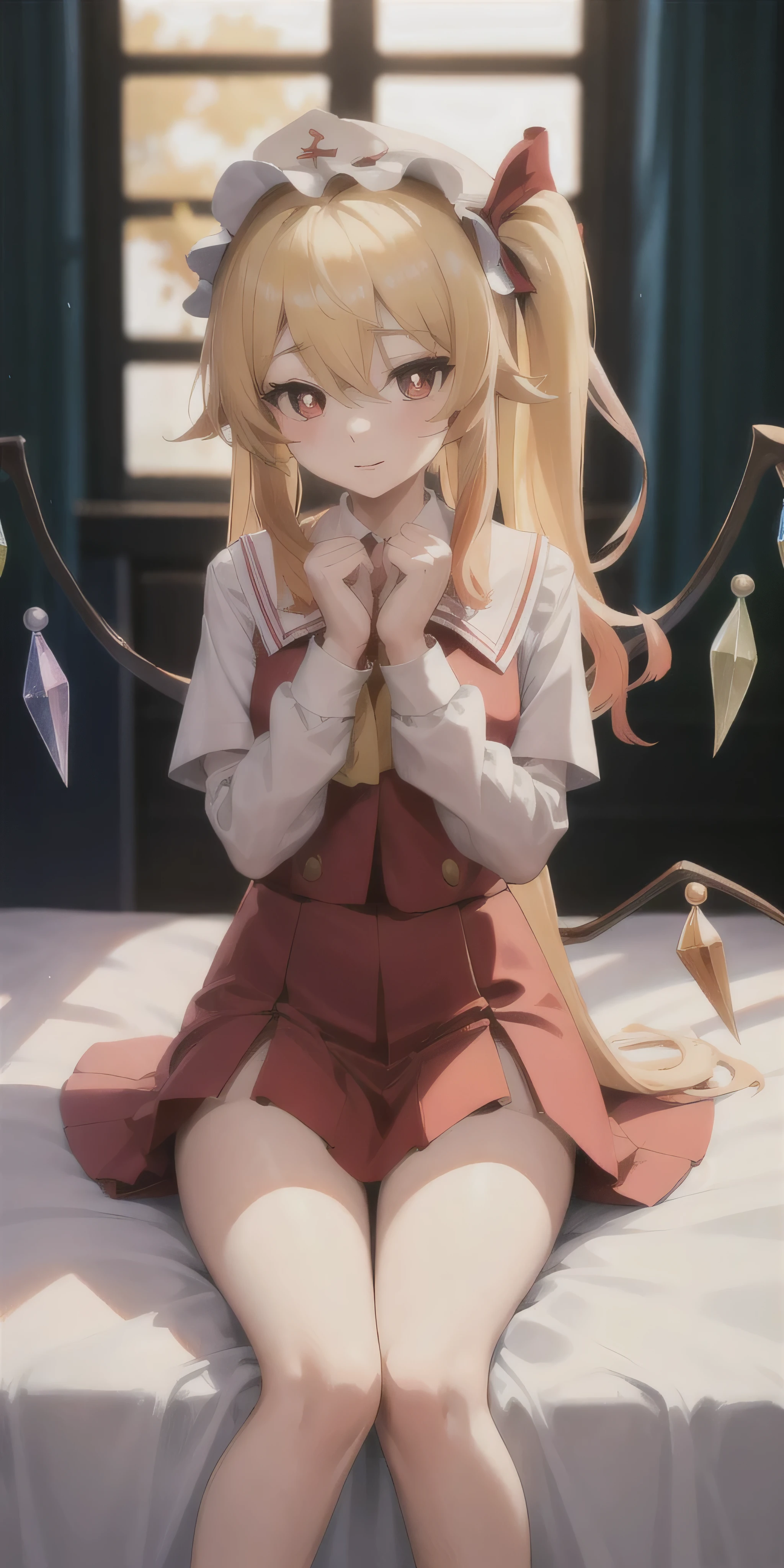 Eastern Project, Flandre Scarlet sitting on the bed in JK uniform, hands crossed at the waist, light yellow hair, warm lighting, blurry foreground, cute, change, アニメ, 4K, with demon wings, shower cap, work of art, trunk