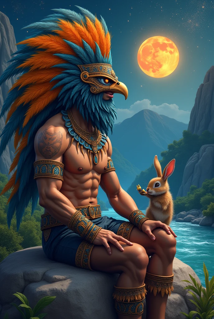 Make the god Quetzalcoatl a human with a crest covering his eyes and with orange and blue feathers., Also, he has a short beard , her brown skin, with a muscular body and an Aztec bracelet on each arm resting on a rock at night with bright stars , and an orange moon and a mountain and a river in the background but next to it a bunny eating plants 