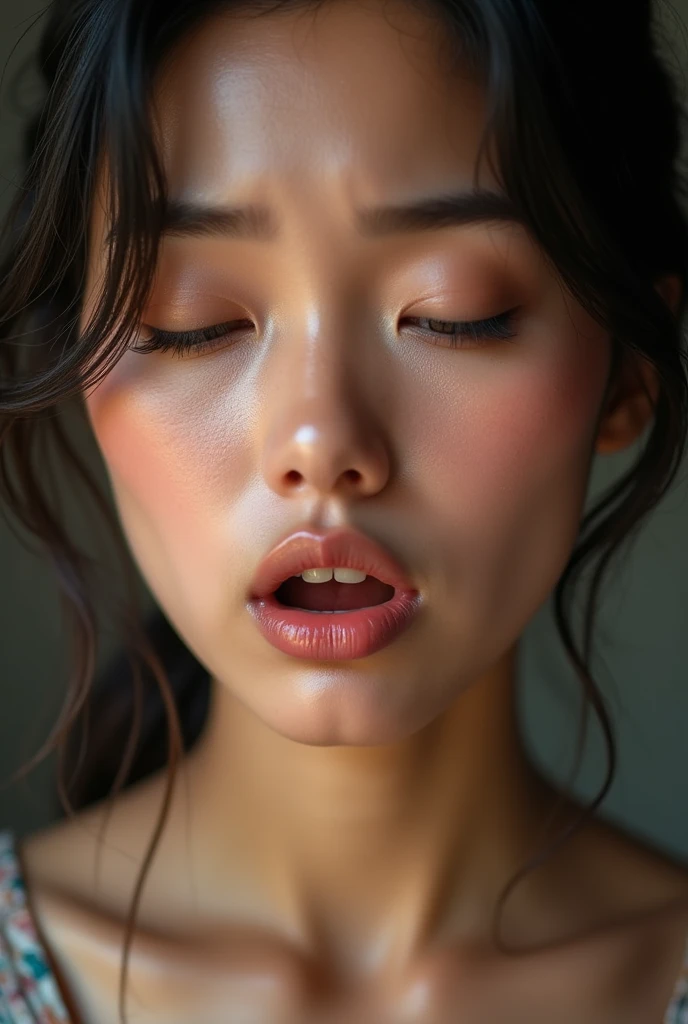 a close up of a woman with a surprised look on her face, reddit, gorgeous young Indonesian woman, crying eyes closed!, huge juicy lips, dripping saliva, julia sarda, professional, noon, parody work, facial, irelia, handsome girl, sweating, with high cheekbones, soft facial features, yawning, painful