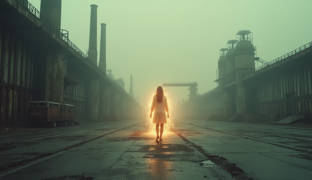 (masterpiece, best quality:1.2), (solitary woman walking:1.3), (abandoned industrial landscape:1.3), (decaying factories, rusted machinery:1.2), (muted gray tones:1.3), (soft ethereal glow:1.4), (woman emitting warm golden light:1.3), (light pulsing subtly:1.2), (stark contrast between woman and surroundings:1.3), (wide-angle shot, emphasizing vast empty space:1.3), (8K, ultra-detailed, hyper-detailed, RAW photo quality, Unreal Engine rendering:1.3)