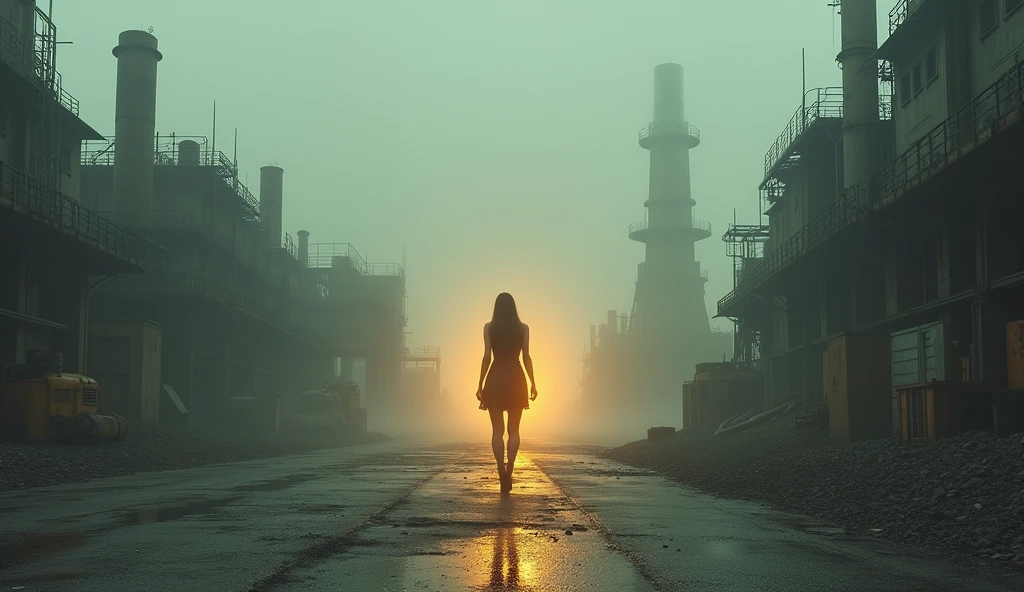 (masterpiece, best quality:1.2), (solitary woman walking:1.3), (abandoned industrial landscape:1.3), (decaying factories, rusted machinery:1.2), (muted gray tones:1.3), (soft ethereal glow:1.4), (woman emitting warm golden light:1.3), (light pulsing subtly:1.2), (stark contrast between woman and surroundings:1.3), (wide-angle shot, emphasizing vast empty space:1.3), (8K, ultra-detailed, hyper-detailed, RAW photo quality, Unreal Engine rendering:1.3)