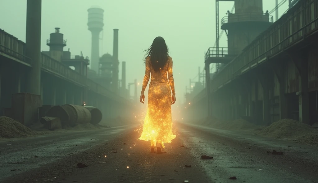 (masterpiece, best quality:1.2), (solitary woman walking:1.3), (abandoned industrial landscape:1.3), (decaying factories, rusted machinery:1.2), (muted gray tones:1.3), (soft ethereal glow:1.4), (woman emitting warm golden light:1.3), (light pulsing subtly:1.2), (stark contrast between woman and surroundings:1.3), (wide-angle shot, emphasizing vast empty space:1.3), (8K, ultra-detailed, hyper-detailed, RAW photo quality, Unreal Engine rendering:1.3)