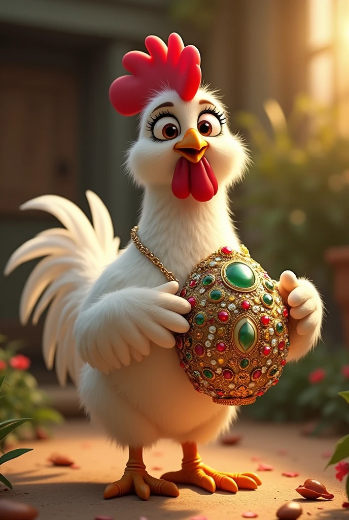 make a chicken in pixar style drawing madame with egg sac (Russian faber style studded and brilliant)