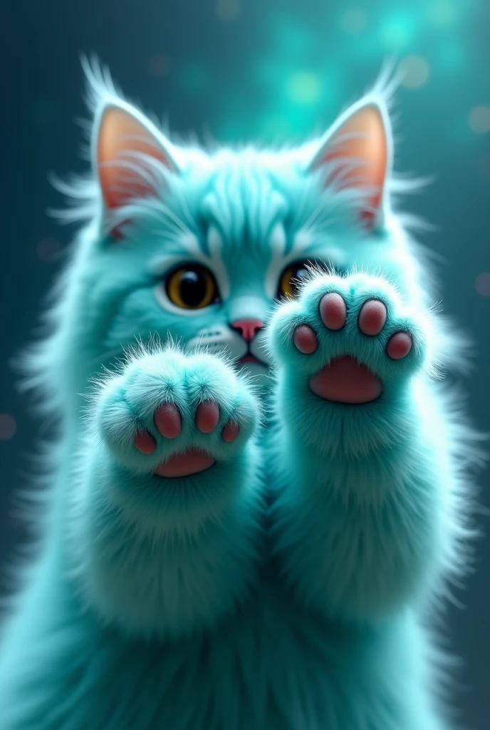 create a turquoise cat, realisitic, fluffly, he has his paws in front, leaning on the image, the paws are in front, zoom na pata, the paws touch the camera lens, super zoom na pata, the paws are touching the glass, the paw leans against the window, the cat's face is blurred, the cat is behind, blurred in the background, nblurry background, gato fluffly, glad, super realisitic, high realism, the background is turquoise galaxy showing its paws to the viewer, paw art, turquoise galaxy background