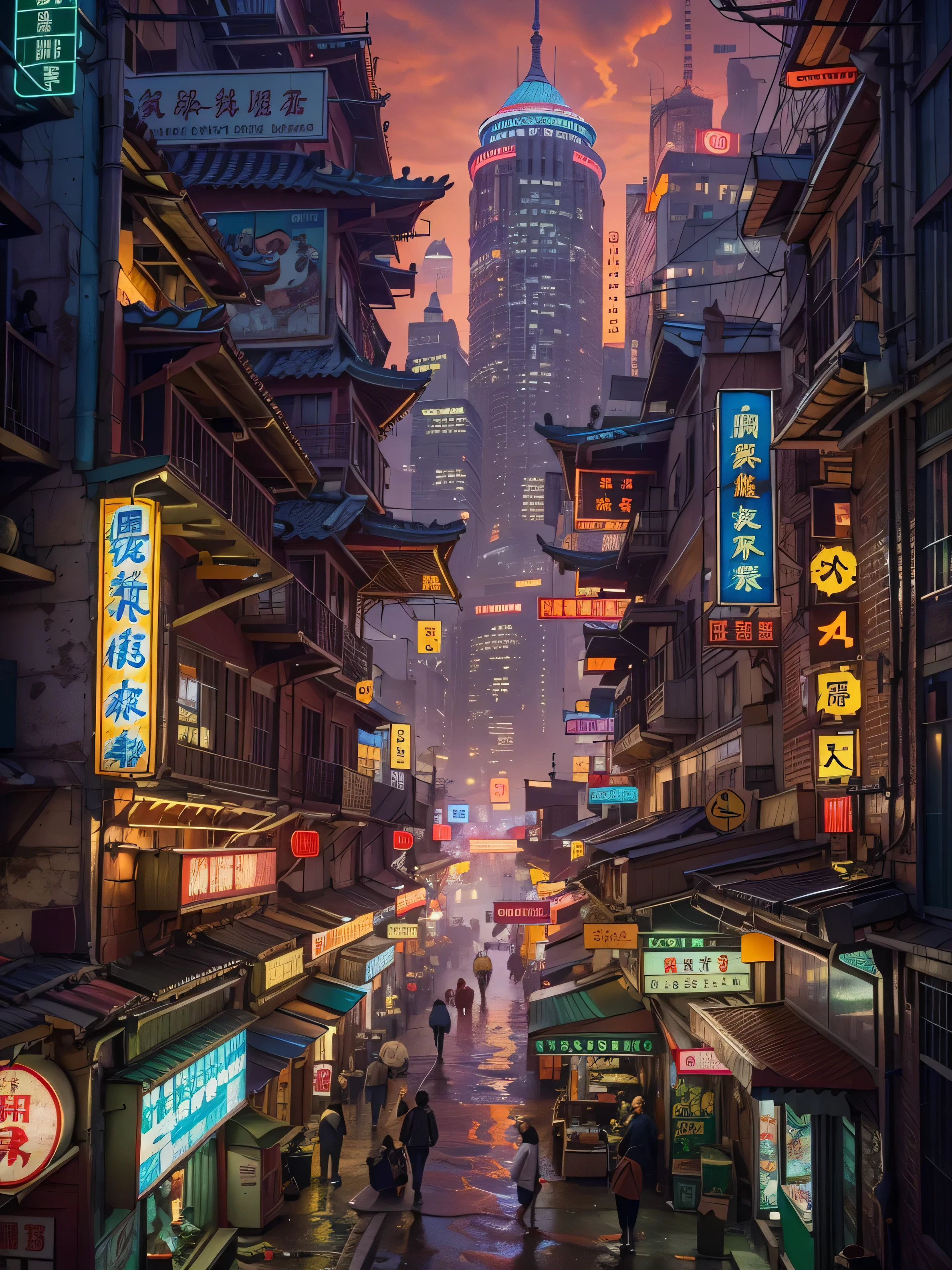 (((Masterpiece))), Best Quality,realistic perspective, High-resolution photograph,realistic details,sharp focus,Dystopian city set in the year 2527, with a cyberpunk theme centered around Chinatown. The scene should be rich in detail and feature crowded streets illuminated by vibrant neon lights. The architecture should showcase traditional Chinese elements, integrated into a futuristic, high-tech environment. The atmosphere should have a shady, mysterious vibe, with sharp focus on the intricate details of the setting, including signs, storefronts, and pedestrians. The depth of field, (extremely intricate:1.3),4k, 8k
