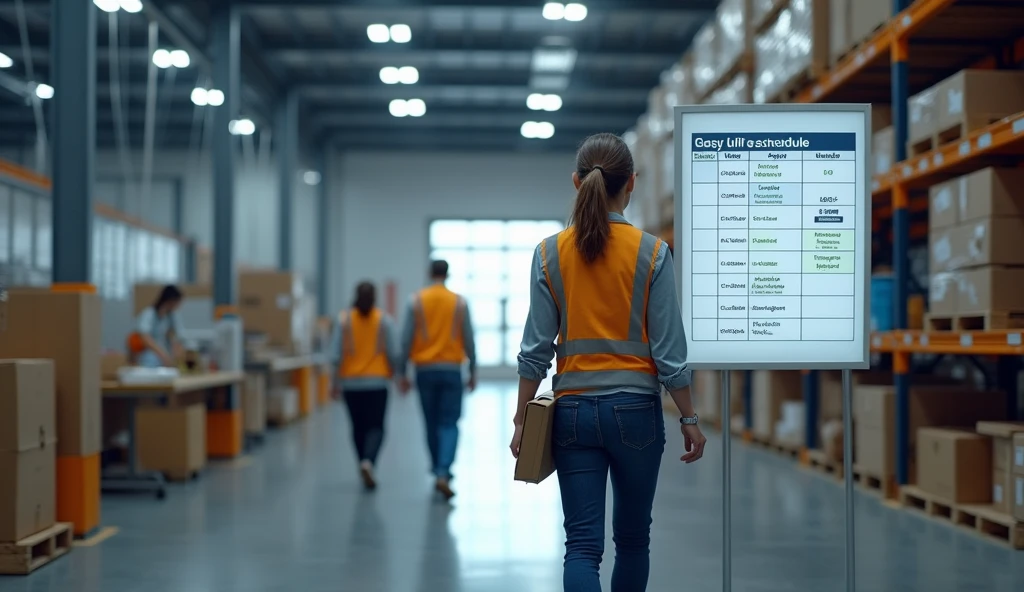 A professional and realistic image that reflects a clear fulfillment schedule that promotes work-life balance. The scene depicts a clean and organized warehouse where employees are performing their tasks. In a prominent place is a digital display or wall chart with a schedule of shifts, breaks and the end of the working day. Employees are seen confidently finishing the work day and heading home, emphasizing the company's respect for employees' personal time. The atmosphere is relaxed and productive, with an emphasis on scheduling and supporting work-life balance