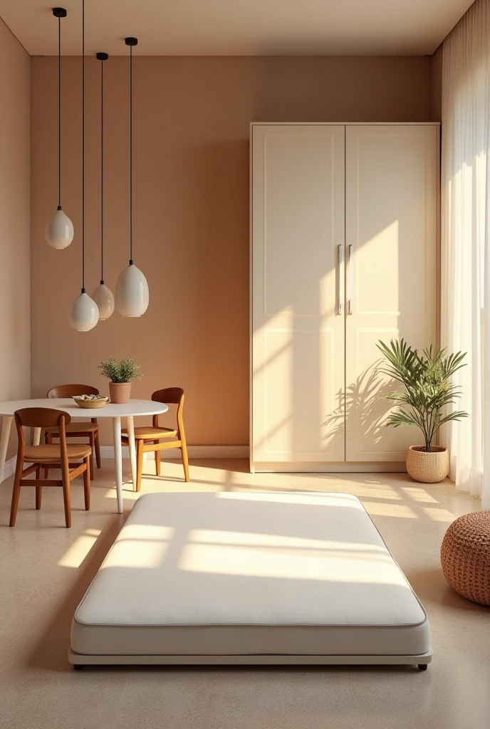 bedroom,There is a wardrobe.,dining table,Beautiful white mattress