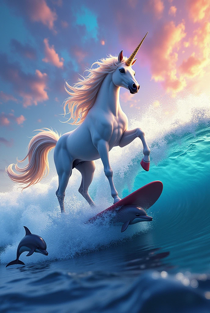 Unicorn surfing with dolphins and millions of colors