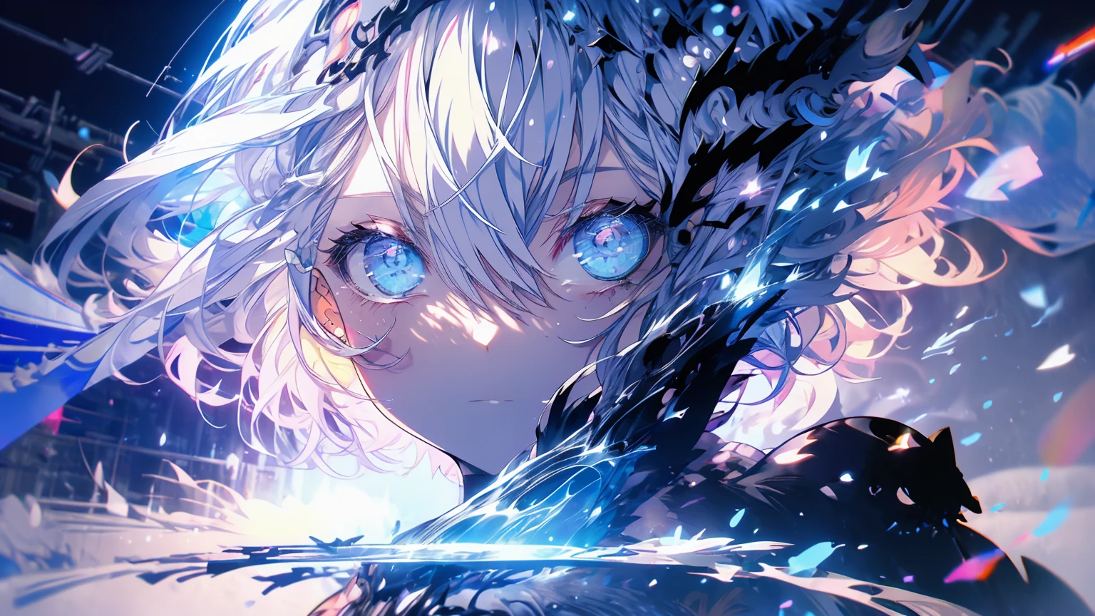 Girl with silver hair shortcut．The girl is living in a futuristic city.．The girl has cold blue eyes．There is a black cat by her side.．I definitely want to draw a black cat.．