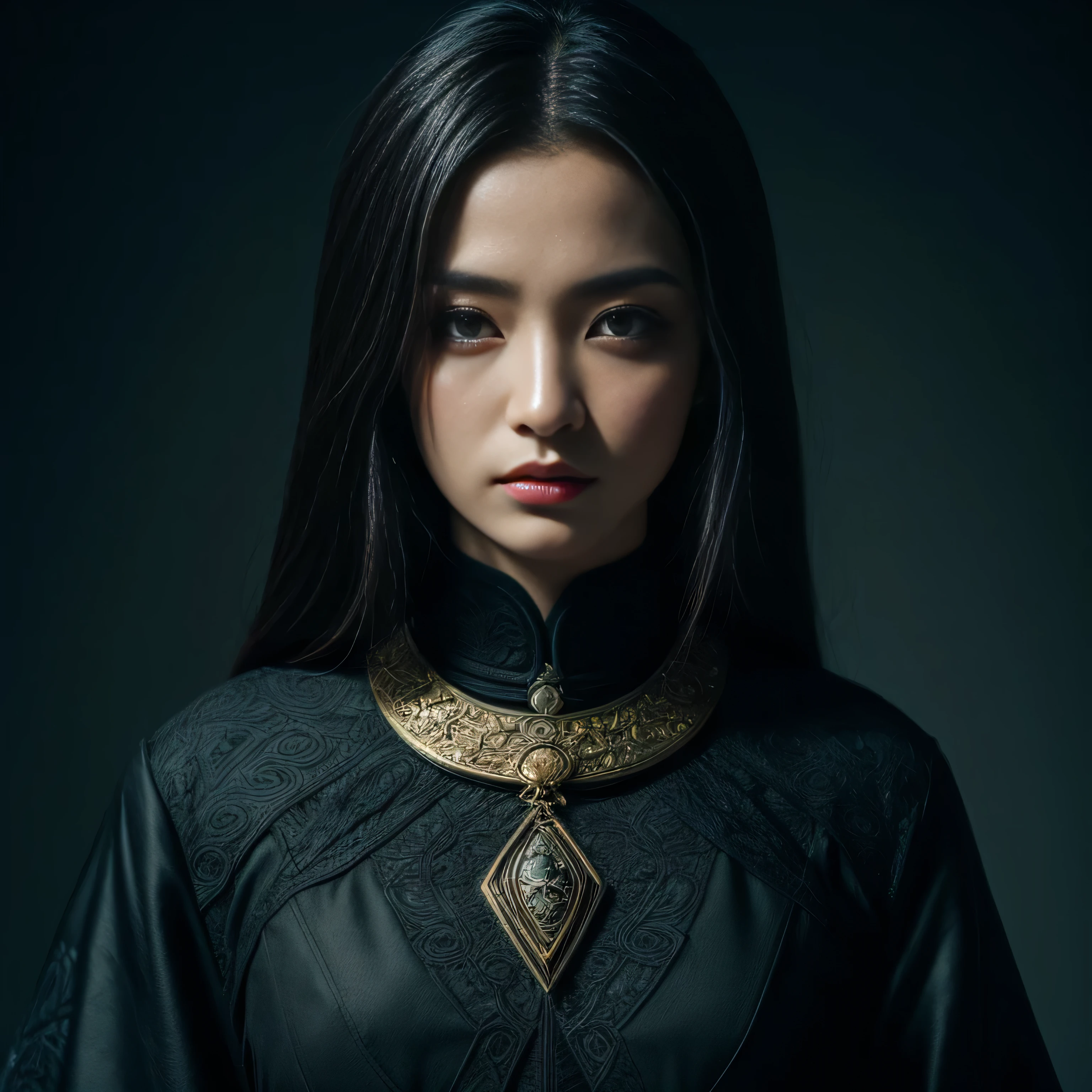 official art, Unity 8k Wallpaper, Super Detailed, masterpiece, best-quality,(((Eye details)))
dark, atmospheric, mystical, romantic, lovely, literature, art, fashion, Ming and Qing dynasties, decoration, intricate, determined eyes, embroidery, Black eye contour, Emotional depth, supernatural, All black ninja costume, 1 girl, only, collar, chest element