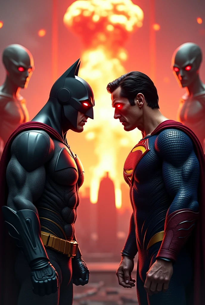 Batman vs superman face off. Make explosion and alines behind. And. Little zoomed in. Batman redlight eyes and angrt superman red light evil eyes. Batsignal in the middle. Iron armoured batman. Little zoomed out. 25%.