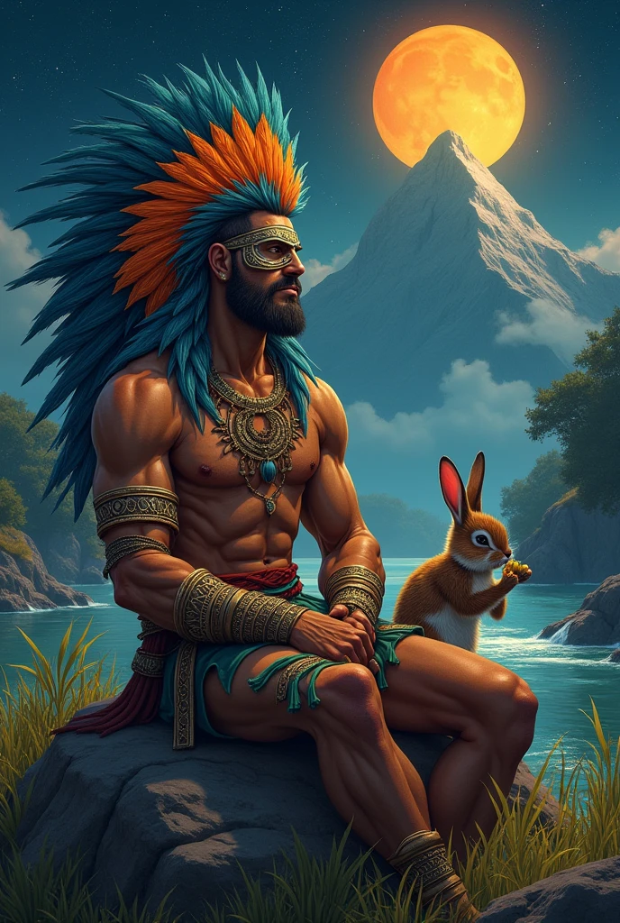 Make the god Quetzalcoatl a human with a crest covering his eyes and with orange and blue feathers., Also, he has a short beard , her brown skin, with a muscular body and an Aztec bracelet on each arm resting on a rock at night with bright stars , and an orange moon and a mountain and a river in the background but next to it a bunny eating plants